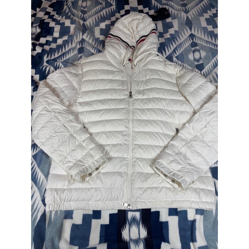 Moncler White Hooded Puffer Jacket Tricolor Trim Womens Size 4 Made in Romania
